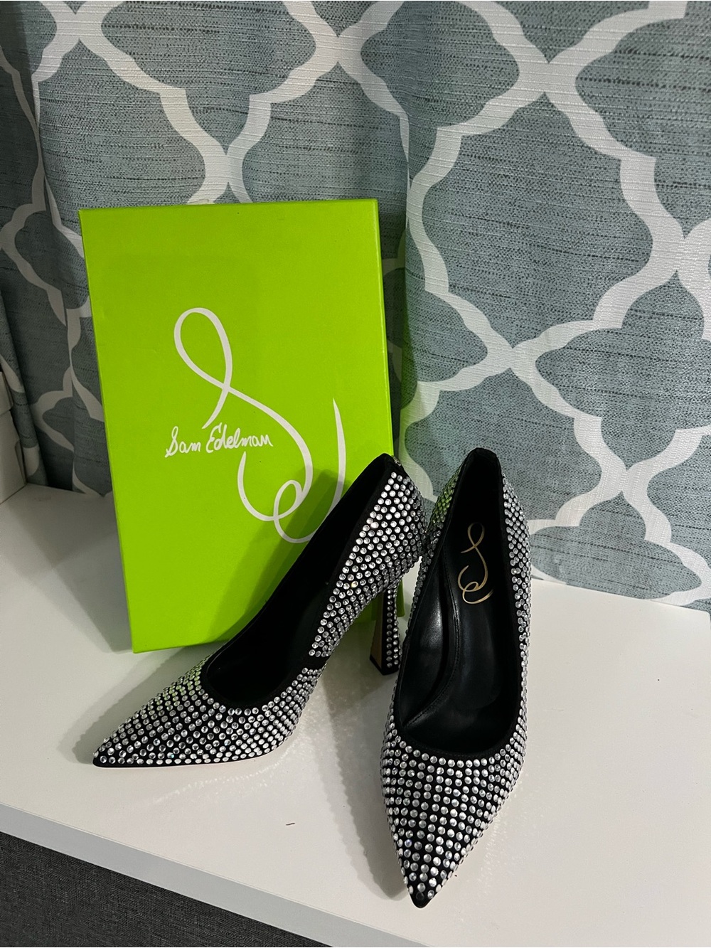 Sam Edelman Black Crystal-Embellished Pointed Toe Pumps